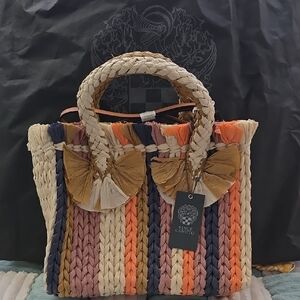 Vince Camuto Multicolor Woven Straw Tote - Navy, Orange, Mustard, Pink, Cream